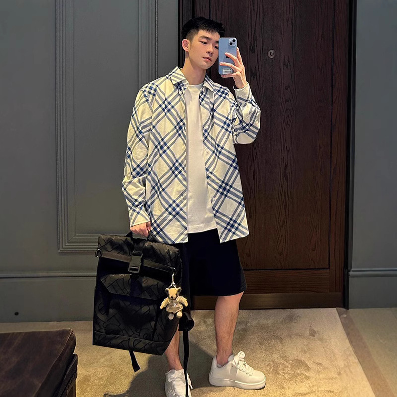 New autumn men's style loose striped shirt jacket with a stylish design, versatile, single-breasted, long-sleeved collar.