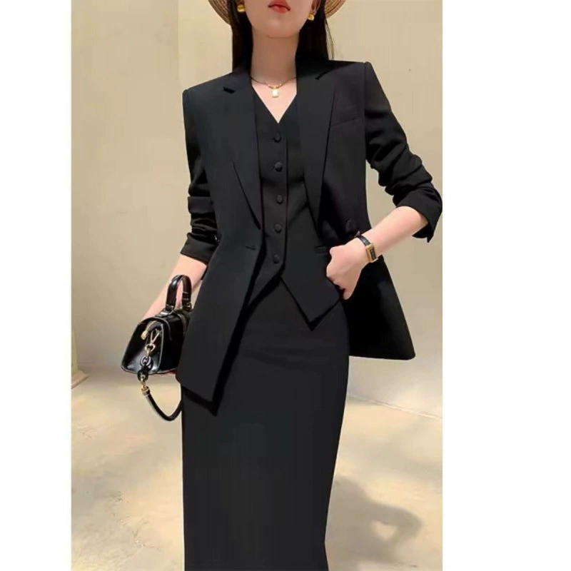 Весенний костюм 2025 года, юбка, жилет, трёхпредметный профессиональный элегантный деловой костюм высокого класса чёрного цвета
