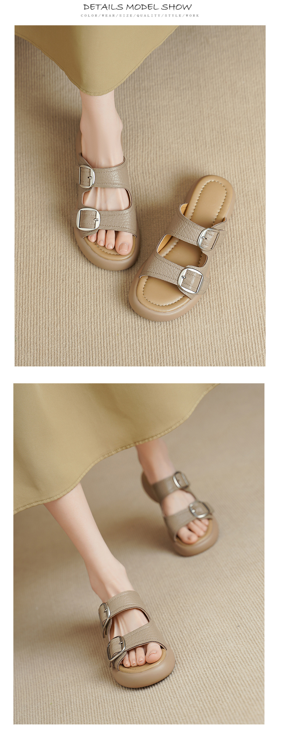 Dép sandal nữ quai chữ V đế dày da cừu khóa thắt lưng — Xám voi chi tiết 8