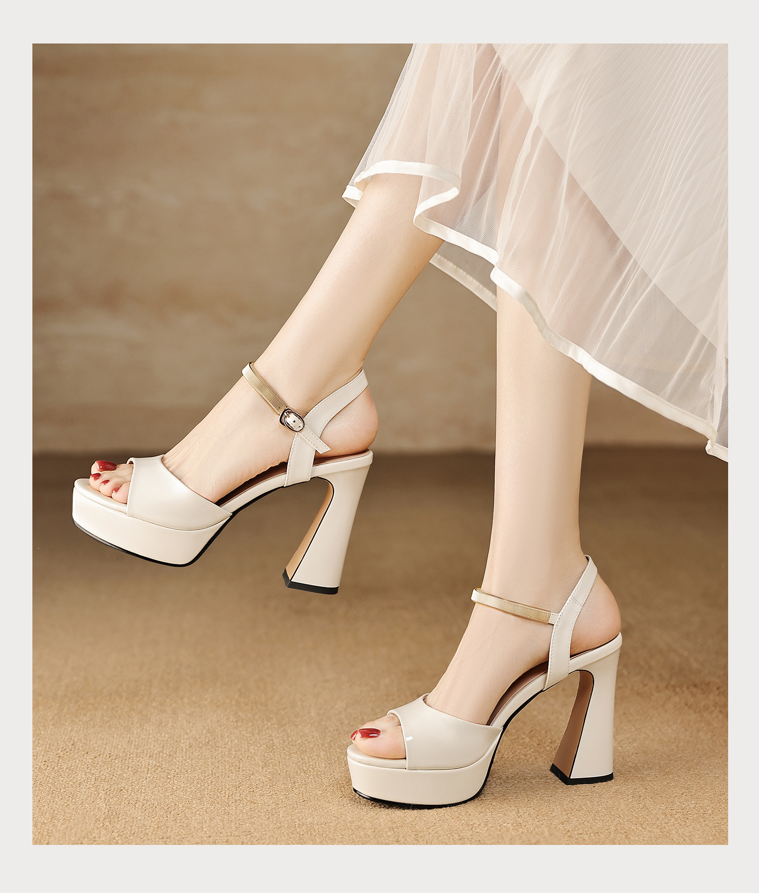 Sandal peep toe nữ quai ngang gót vuông platform đế cao 9 cm — màu đen, màu trắng ngà chi tiết 12
