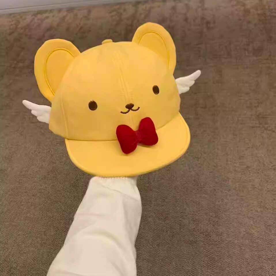 여성 곰돌이 자수 날개 리본 볼캡 노란색 귀여운 나들이 모자