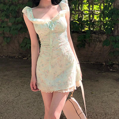 フレンチスイートミントグリーン花柄ドレス女性の夏の新しいスタイル美しい小さなフライングスリーブレースウエストスカート|undefined
