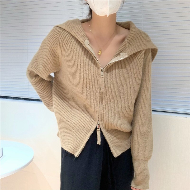 新款大翻领针织开衫女纯色坑条2026秋冬设计感双拉链短款毛衣外套