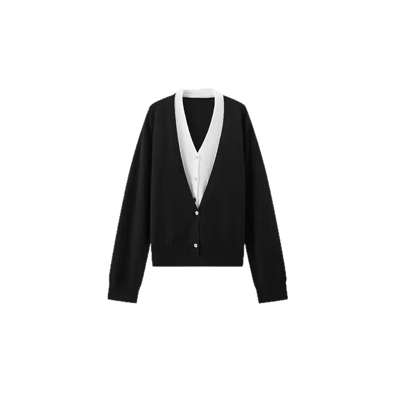 CleanFit风 秋冬新款假两件柔感羊毛叠穿毛衣针织衫开衫V领外套女|undefined