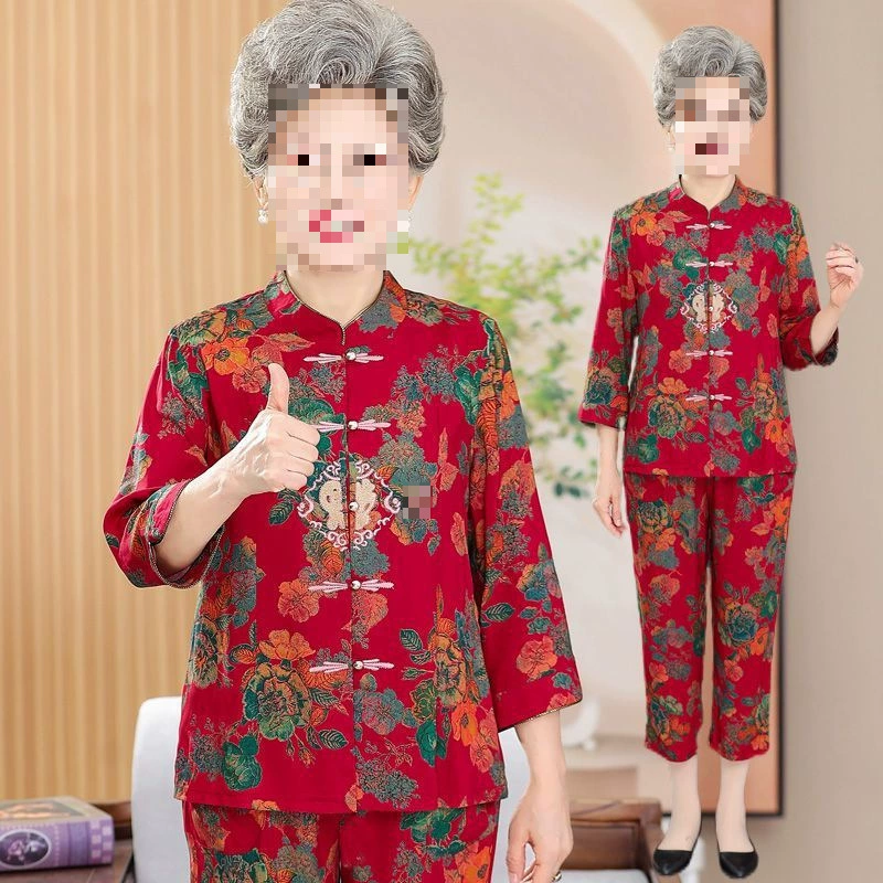 Летняя одежда для женщин среднего и пожилого возраста, костюм 60-70 лет, 80, праздничная одежда для мам, костюм Тан, комплект из двух предметов для бабушки для старух