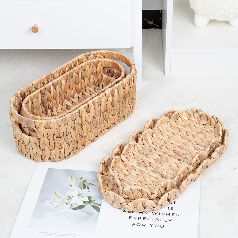 跨境热销水葫芦草收纳筐带盖手工编织桌面装饰果篮化妆品杂物收纳