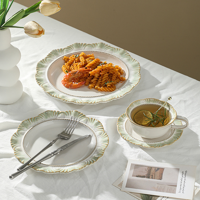 European-style embossed ceramic tableware suit home kiln vintage western food plate cup and saucer combination steak pizza plate bone plate