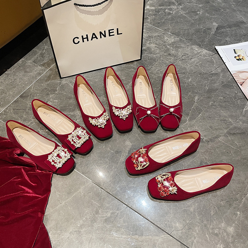 Xiuhe Red Non-Slip Two-Wear Bridal Shoes Wedding Shoes Women's Flats Fashion Women's Shoes Shallow Mouth Maternity Shoes Wedding Dress Soft Sole