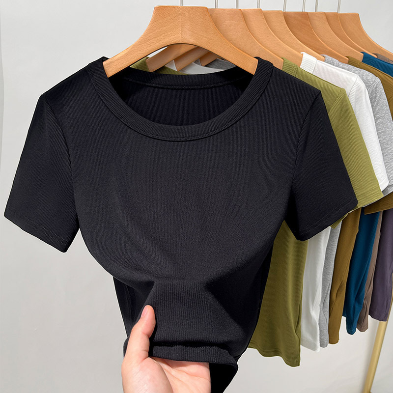 T-shirt de mangas cortas de rosca para mujeres 2025, nueva ropa de mujer de color sólido con camiseta de base elegante de cuello redondo de cintura