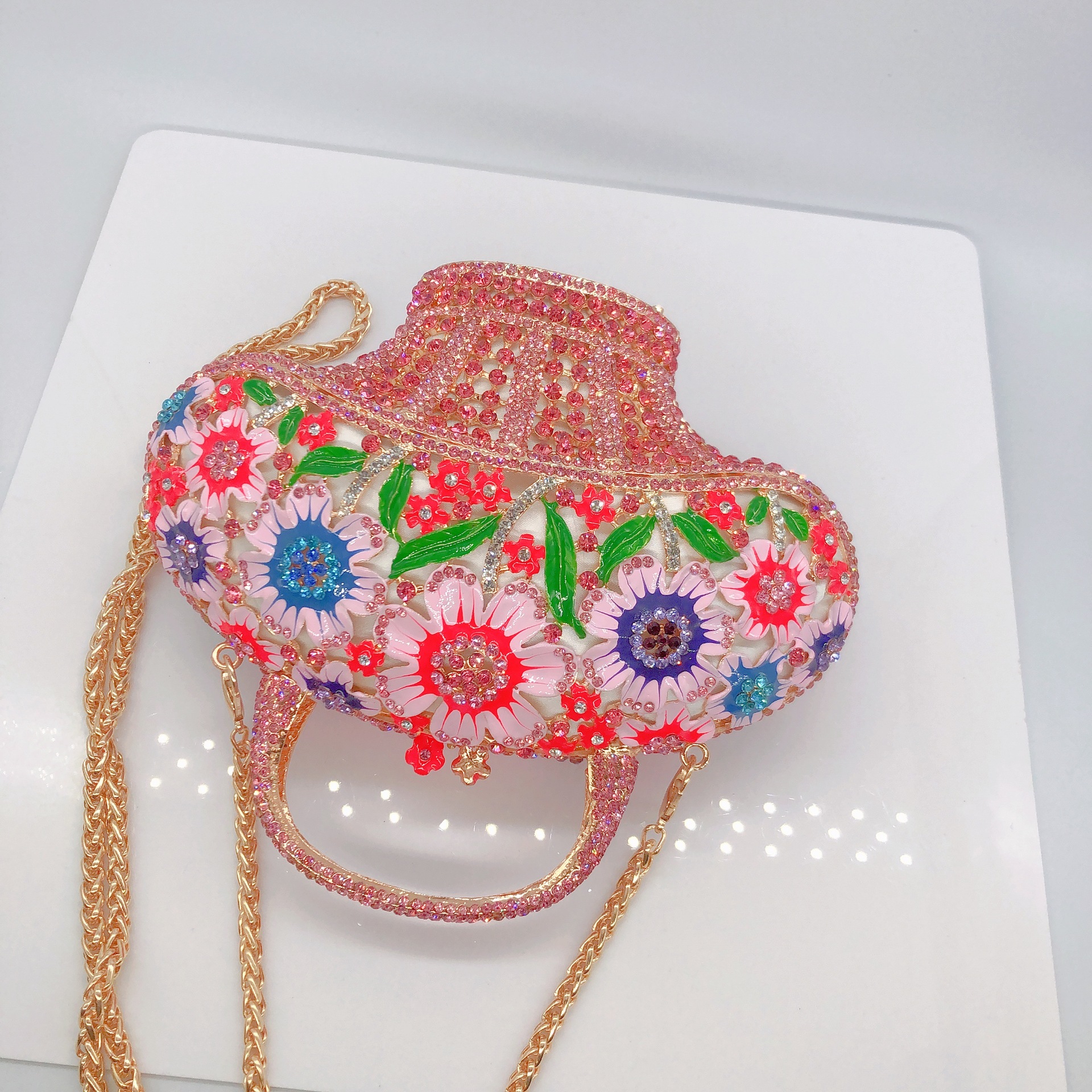 Túi clutch cầm tay giỏ hoa đính kim cương phong cách Hàn Quốc — Phấn màu/Hoa Hồng chi tiết 14
