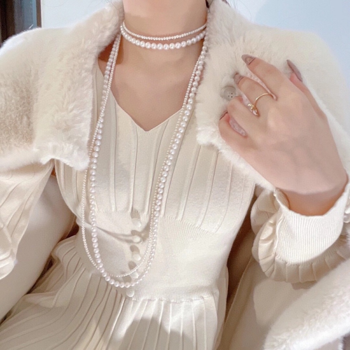 Perla collar largo vestido accesorios doble capa apilada suéter cadena cambiable simple luz lujo de alto grado collar largo para las mujeres image 1