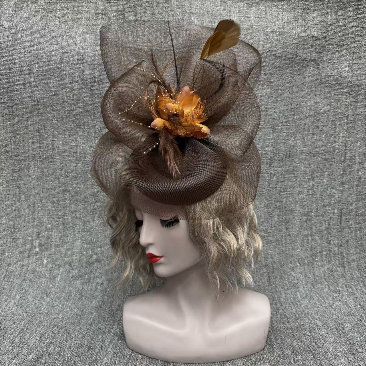 European and American Retro Bridal Mesh Feather Beads Six-Petal Bow Mesh Veil Hair Accessories Hairpin Hair Hoop Dual-Purpose Head