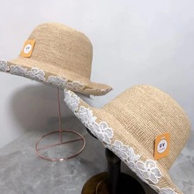 日系天然新款拉菲草小檐草帽女蕾丝装饰时尚复古春夏防晒遮阳帽潮