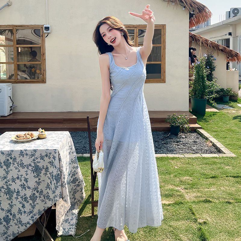 フランスのハイエンドブルーサスペンダードレス女性の夏の新しいウエスト痩身気質ビーチリゾートスタイルロングスカート|undefined