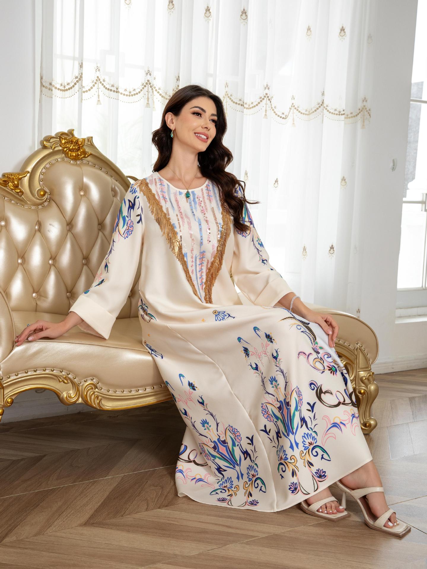 SW0811 Middle East Muslim Women's Long Robe European And American Cross-Border Printed Evening Abaya Dress_ecoleips.com