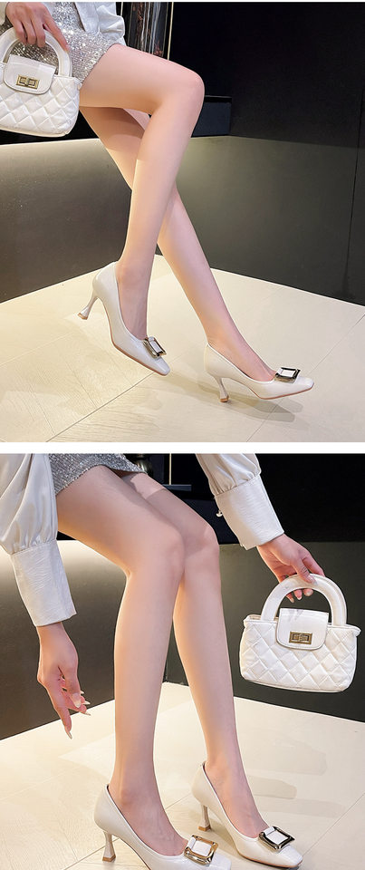 Giày cao gót nữ mũi vuông khóa vuông gót mảnh 6–8 cm — Màu trắng nhạt, Rượu vang đỏ, màu đen chi tiết 9
