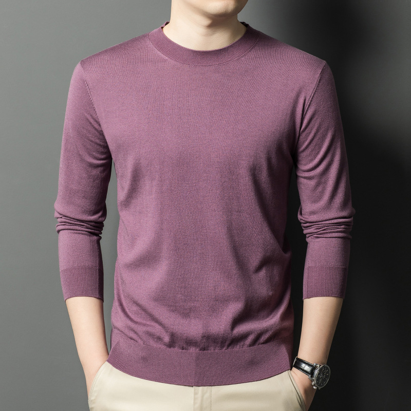Spring and Autumn New Mulberry Silk Solid Color Knitted Base Shirt with Wool Thin Inner Long Sleeve Sweater Men's Top