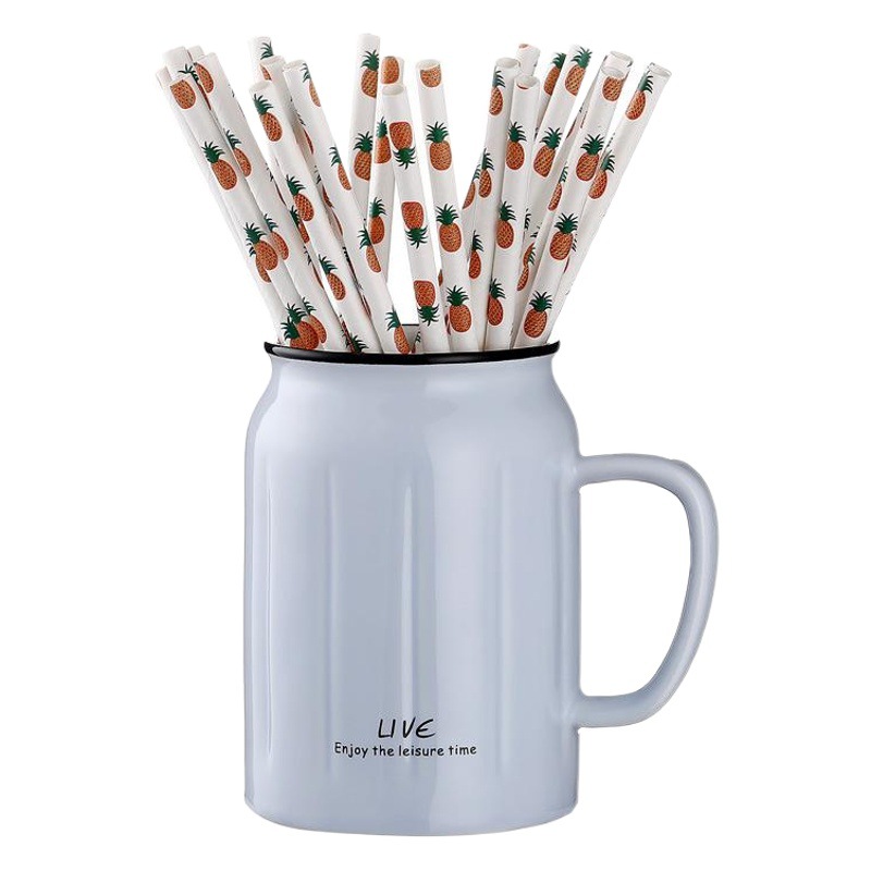 Paja de papel Kraft biodegradable desechable patrón de fruta fresca de verano paja de papel bebida paja decorativa