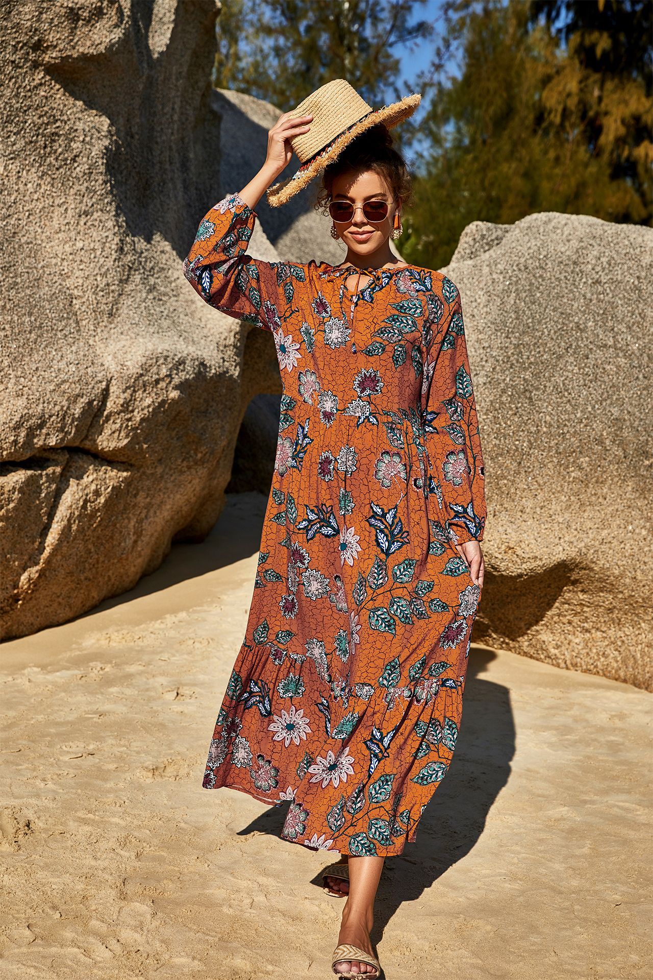 printed long-sleeved loose big swing dress  NSLM39175