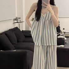 睡衣女款夏季新款韩版甜美简约条纹吊带薄款睡衣可外穿家居服套装
