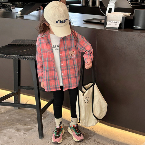 Women's Children's Long-Sleeve Spring and Autumn New Fashion Kids Top Spring Dress Girl Big Children Checked Shirt Outerwear