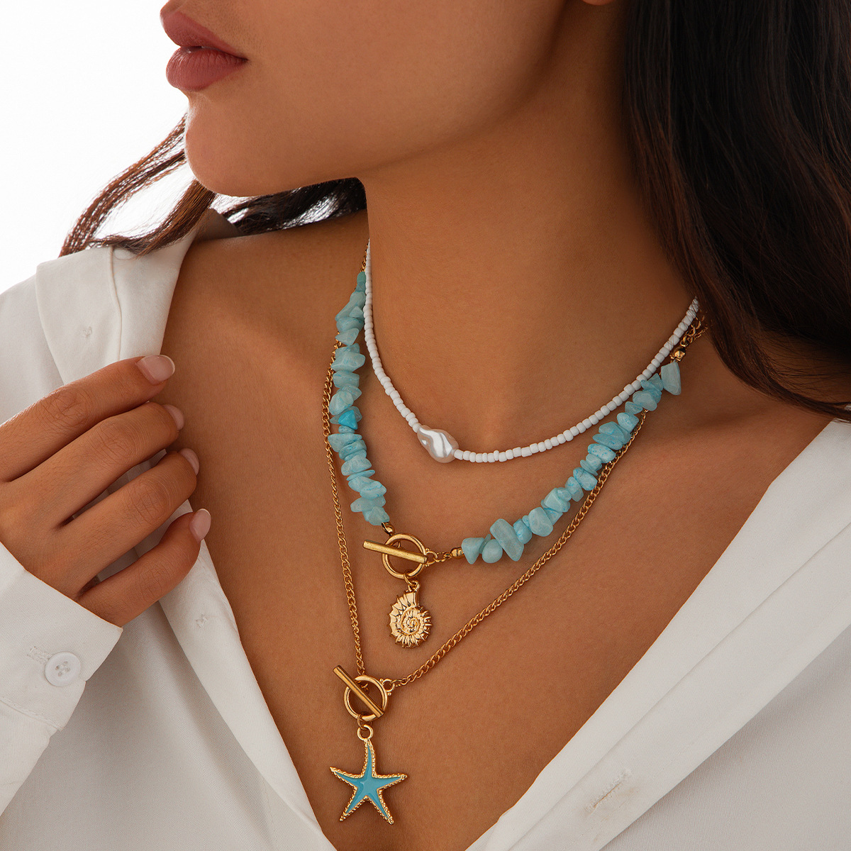 1 Piece Quantity Vacation Star Alloy Turquoise Iron Cuban Link Chain Curb Chain Layered Necklaces Wholesale