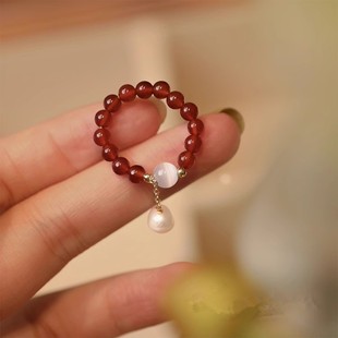 New Chinese style freshwater pearl red agate ring, simple and fashionable index finger ring, opal elastic adjustable ring