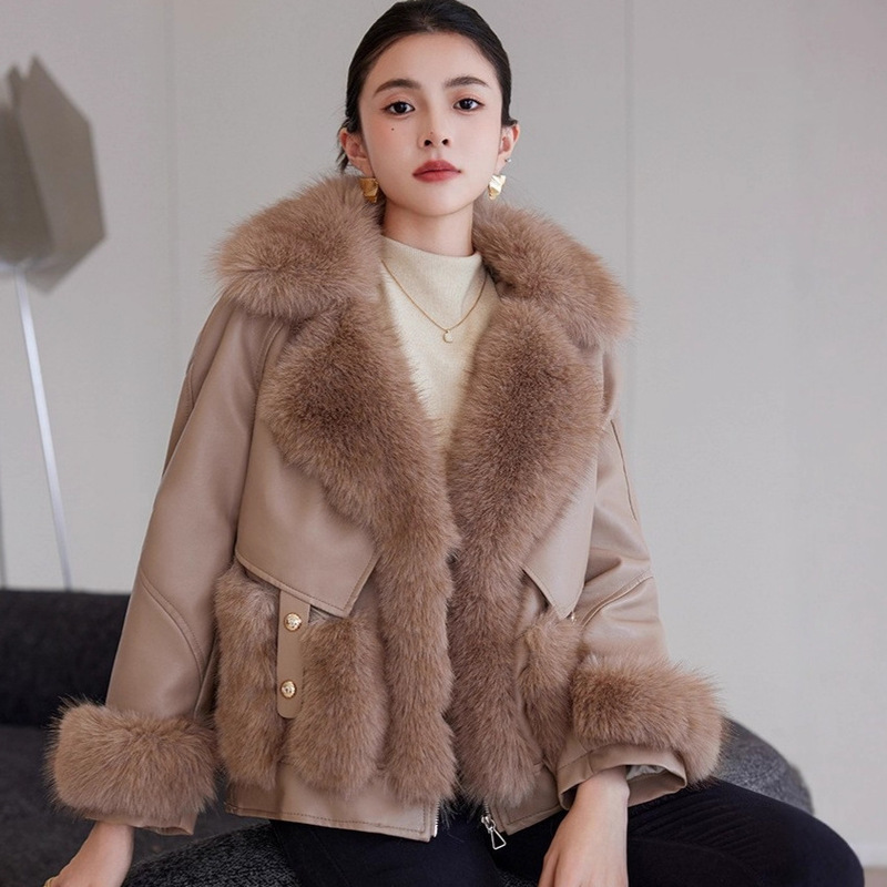 Low-Price Winter Faux Mink Fur Collar Women's Pu Leather Jacket down Coat Thickened Warm Stylish Trendy