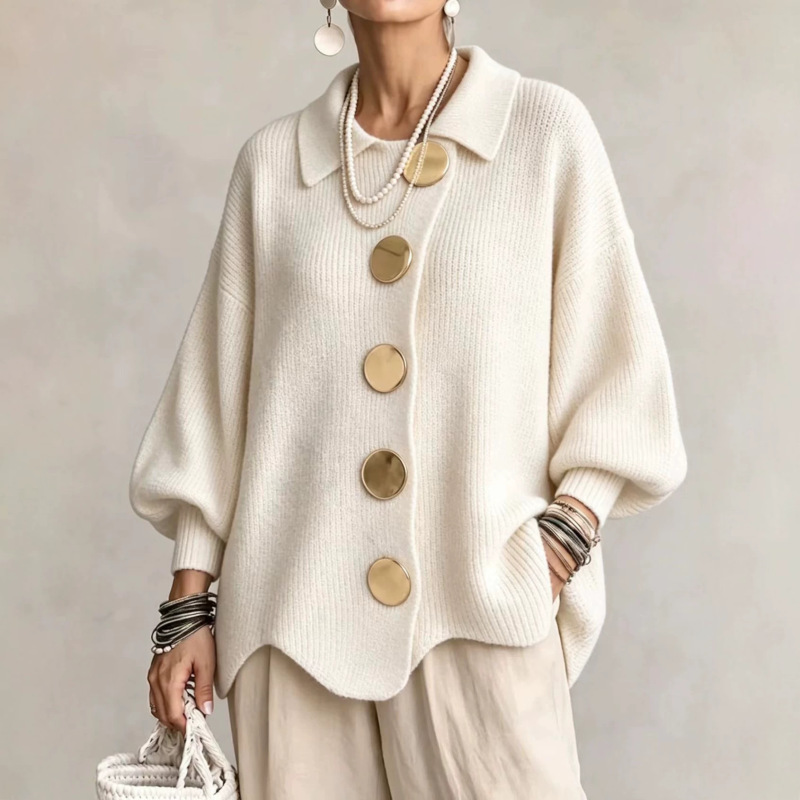 European and American cross-border women's autumn and winter collared buttoned knitted outerwear, featuring a French retro style and a loose-fitting sweater design European and American cross-border women's autumn and winter collared buttoned knitted outerwear, featuring a French retro style and a loose-fitting sweater design