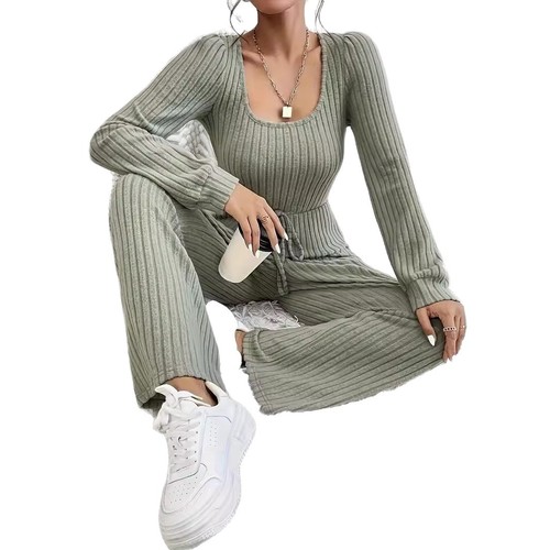 Women's European and American Amazon Foreign Trade Autumn and Winter New Knit Solid Color Casual Drawstring Long Sleeve Round Neck Bodysuit Set
