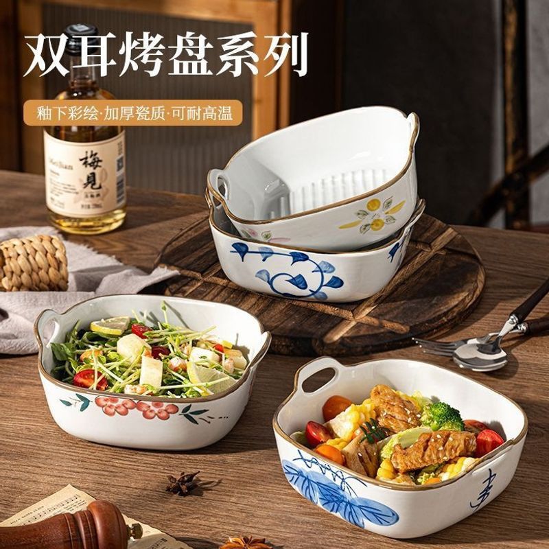 Air fryer baking bowl ceramic hand-painted underglaze color household double-ear square baking rice bowl for microwave oven