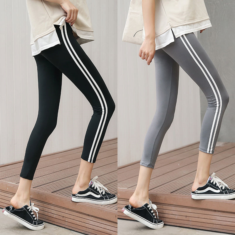Korean version of summer thin stretch slim Joker cropped pants parallel bars leggings women's outer wear side white strip factory direct sales