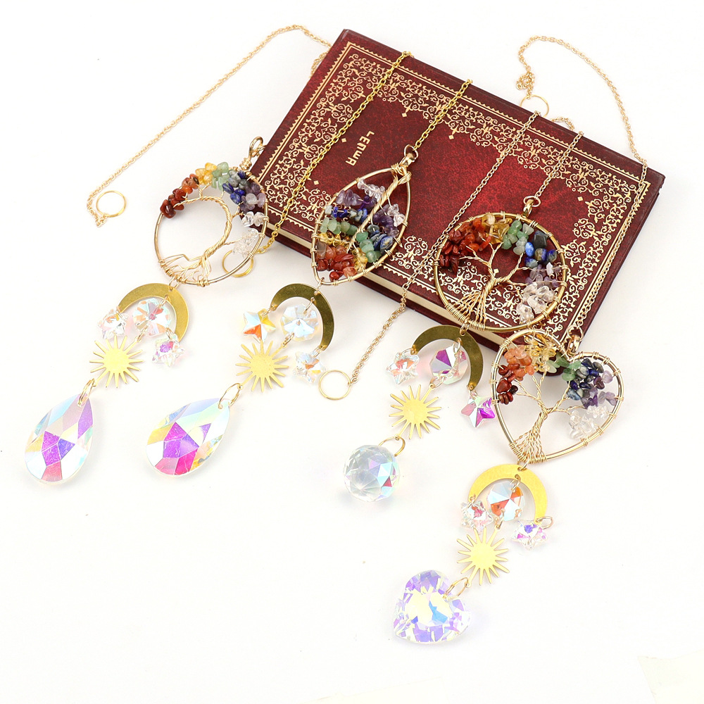 suncatcher Gold Heart-shaped Tree Of Life Sun Rainbow Catcher Hanging Window Decoration T83_voghion.com