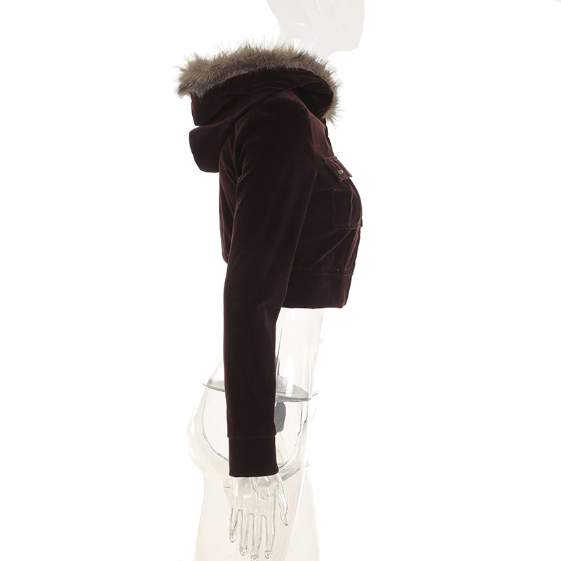 Women Fur Stitching Hooded Zip Cardigan Pocket Design Jacket Autumn Winter Solid Color Sexy Velvet Coat
