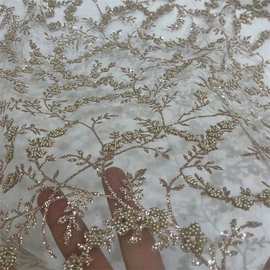 高品质新款洒珠子金粉工艺婚纱晚礼服花边辅料连衣裙时尚面料厂家