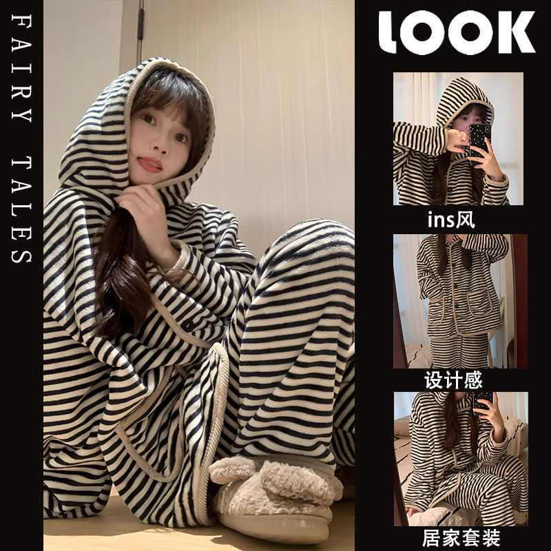Winter Warm Fleece-Lined Thickened Pajamas for Women, Ins-Style Lapel Cardigan Loungewear That Can Be Worn Outside, Sweet and Cute Style