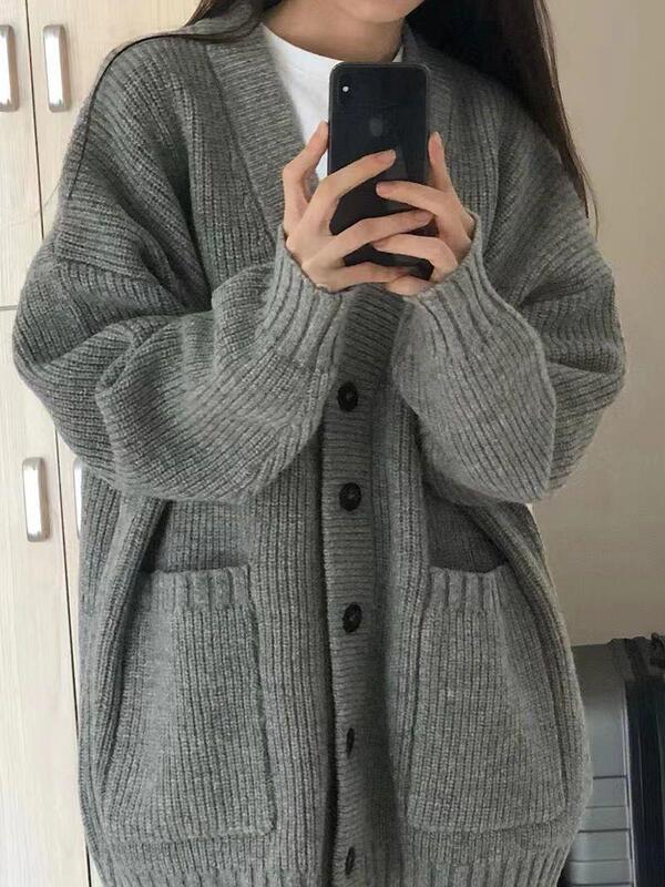 灰色中长款毛衣外套女秋秋外搭外穿慵懒复古奶系穿搭秋冬针织开衫|undefined