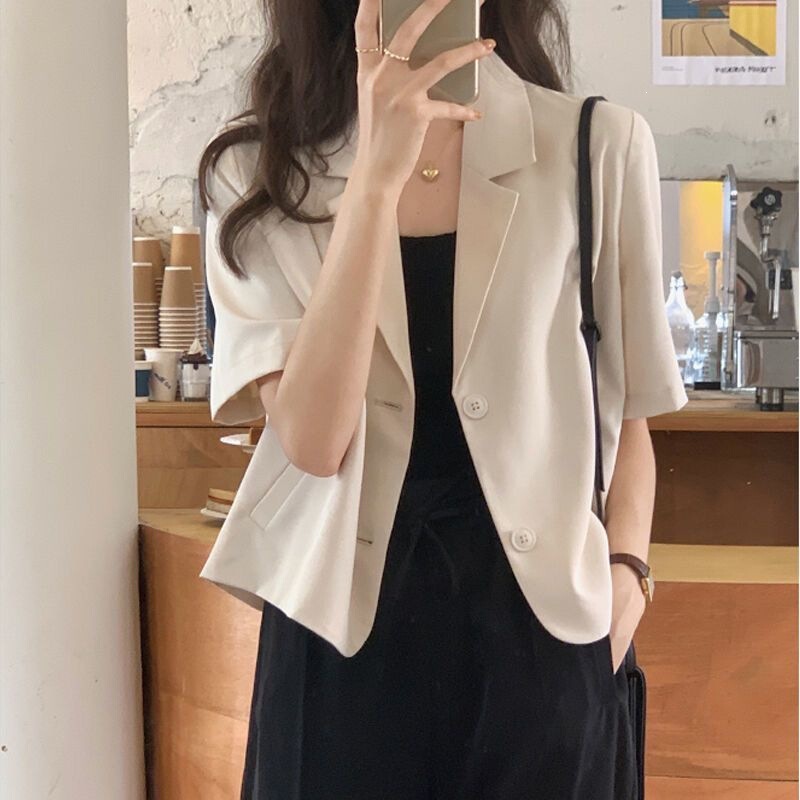 Trendy Short-Sleeve Blazer for Women, Thin Style, 2026 Summer New Korean Version, Loose Fit, Short Casual Blazer