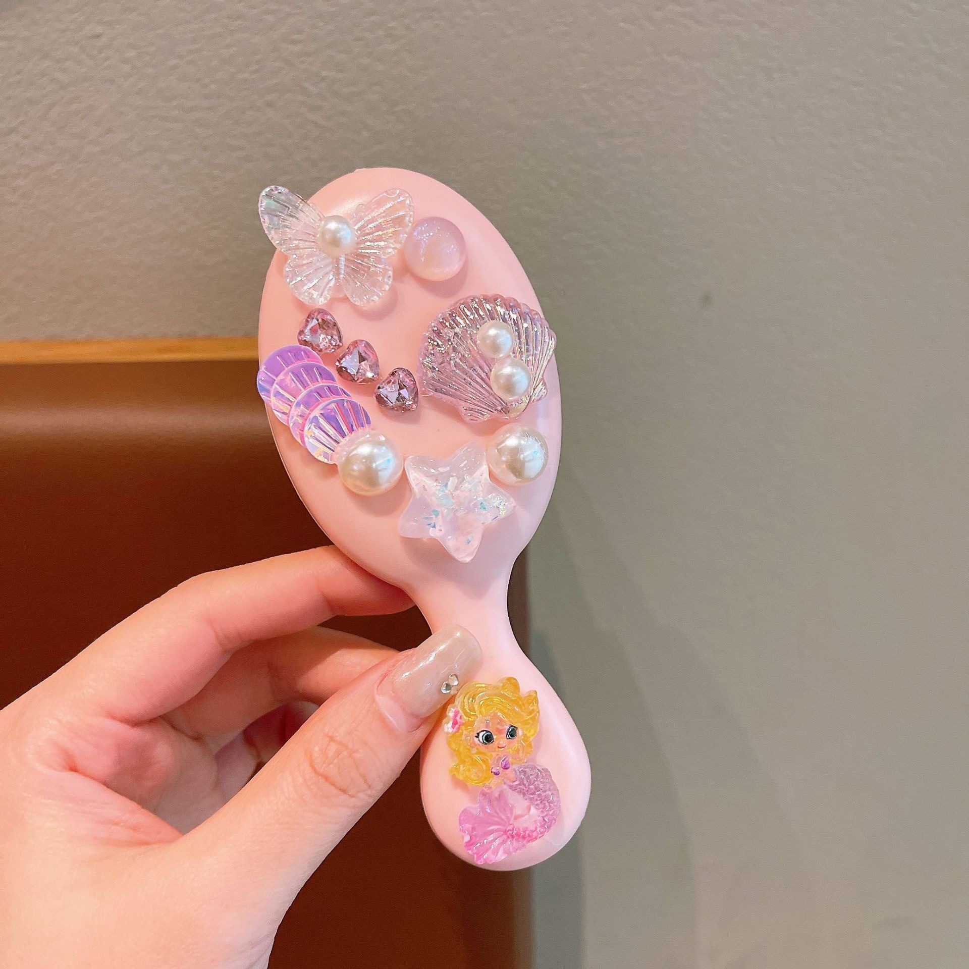 Lindo portátil con tapa plegable, peine de bolsa de aire plegable, masaje, peine pequeño, espejo, mini peine de colchón de aire portátil todo en uno, mujer