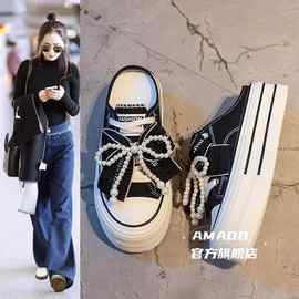 珍珠蝴蝶结厚底半拖帆布鞋女2025夏季新款ins无后跟一脚蹬小白鞋