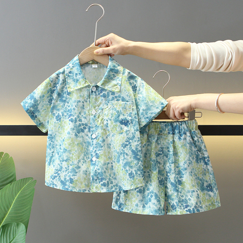 7860 traje de camisa de verano para niños 2025 nuevo estilo de moda para niños de dos piezas de manga corta ropa de estilo de playa para bebés
