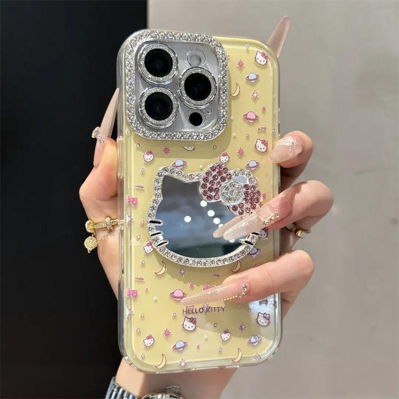 镶钻kitty猫镜子适用苹果16promax手机壳新款iPhone15Pro高级14pl|undefined