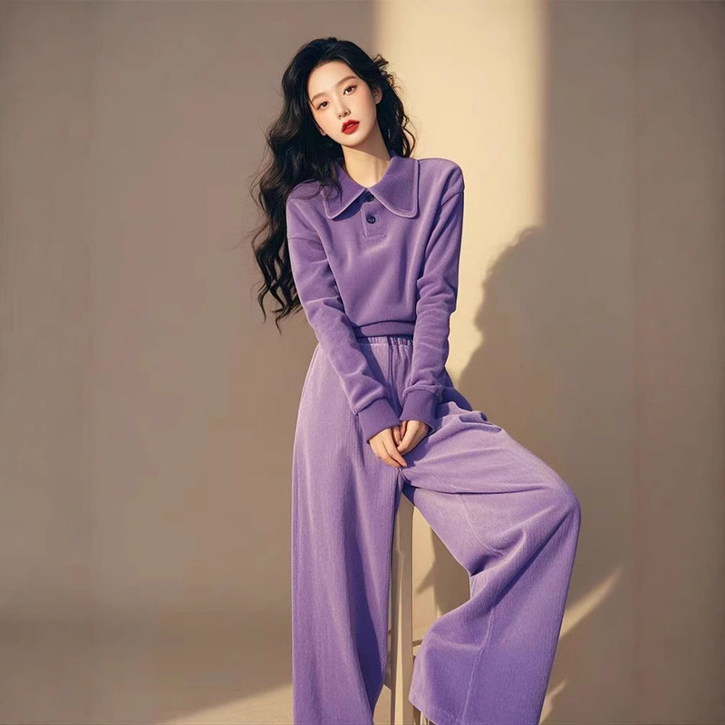 Korean style with a set of winter clothes super beautiful unique beautiful purple lapel corduroy sweater wide leg pants suit