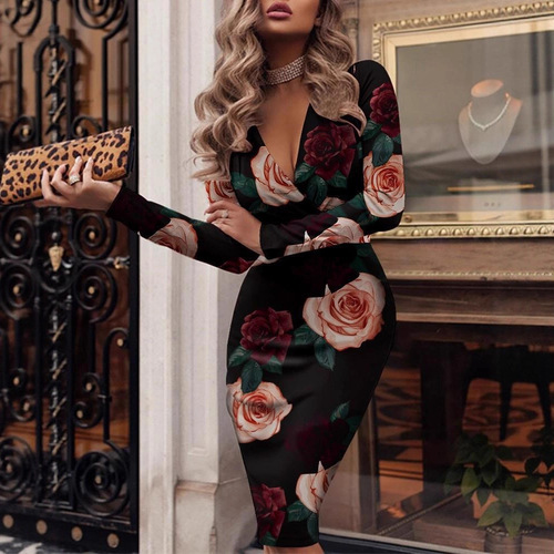 Wish Independent Store Autumn/Winter Sexy Long-Sleeve V-Neck Bodycon Printed Dress for Women