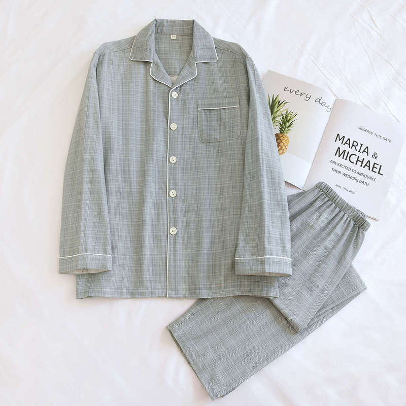 Cotton Large Size Gauze Pajamas for Men, Plaid Long-Sleeved Trousers, Home Wear Set, Pure Cotton Soft Home Wear for Men