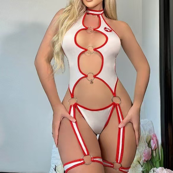 2025 European and American Foreign Trade Cross-Border Sexy Lingerie Halter Strap Nurse Uniform Temptation Hollow Backless One-Piece