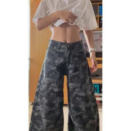 美式复古迷彩灰色牛仔裤女韩版新款慵懒风休闲直筒阔腿裤拖地长裤