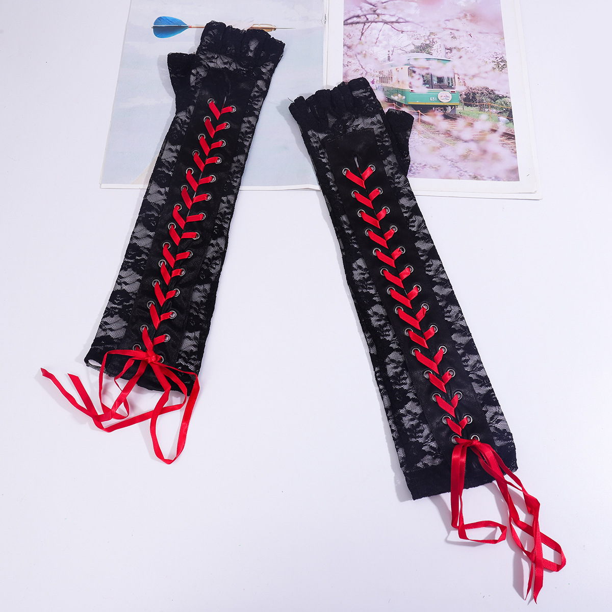 Miskon sexy medio dedo guantes de las mujeres largas con cordones mangas punk fiesta de halloween