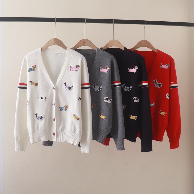 Autumn and Winter New Style Double-Sleeved Colorful Webbing Full-Body Colorfulful Puppy Patch Long-Sleeved V Neck Knitted Cardigan Top Jacket