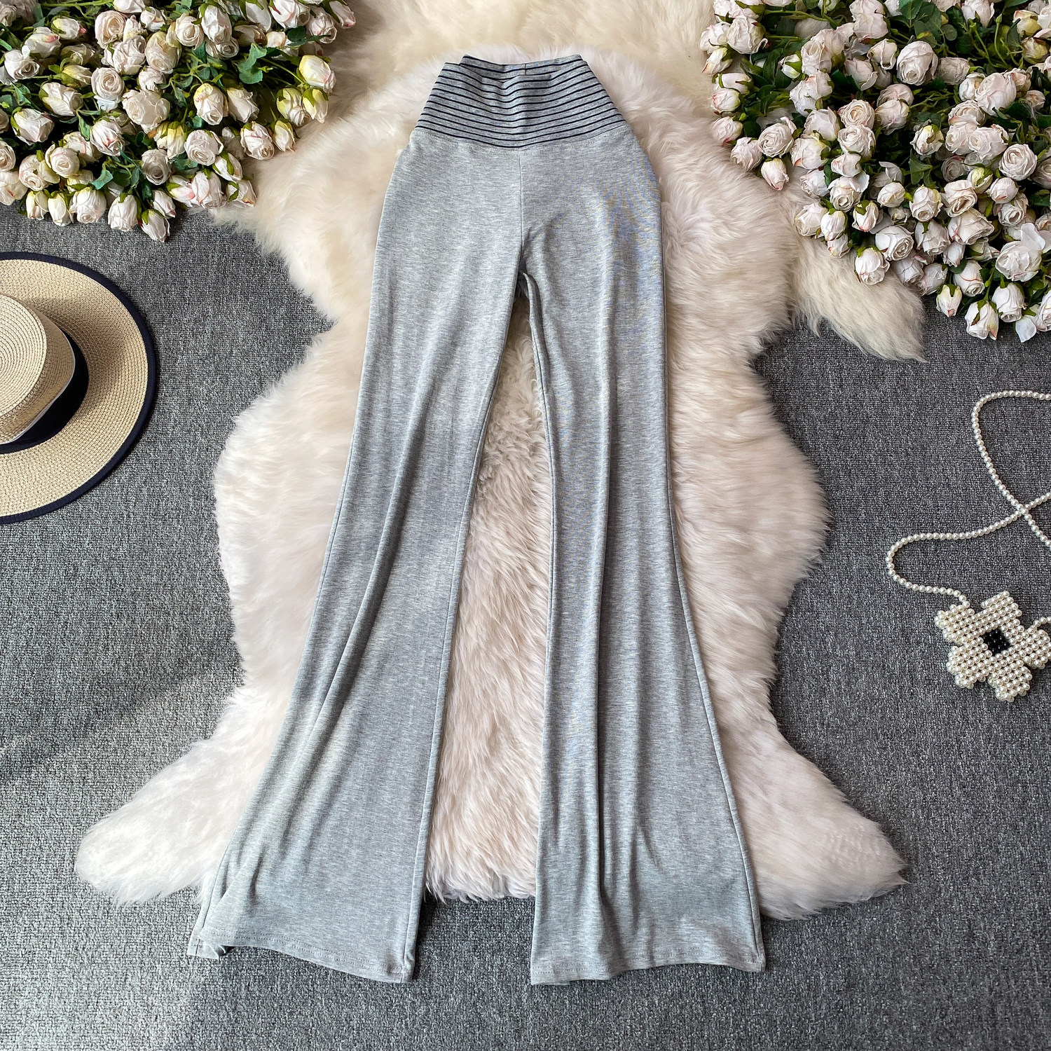 Korean Style High-Waisted Striped Flared Pants Women's Slimming Elongating Summer Bottoms Simple Stylish Polyester Capris_ecoleips.com